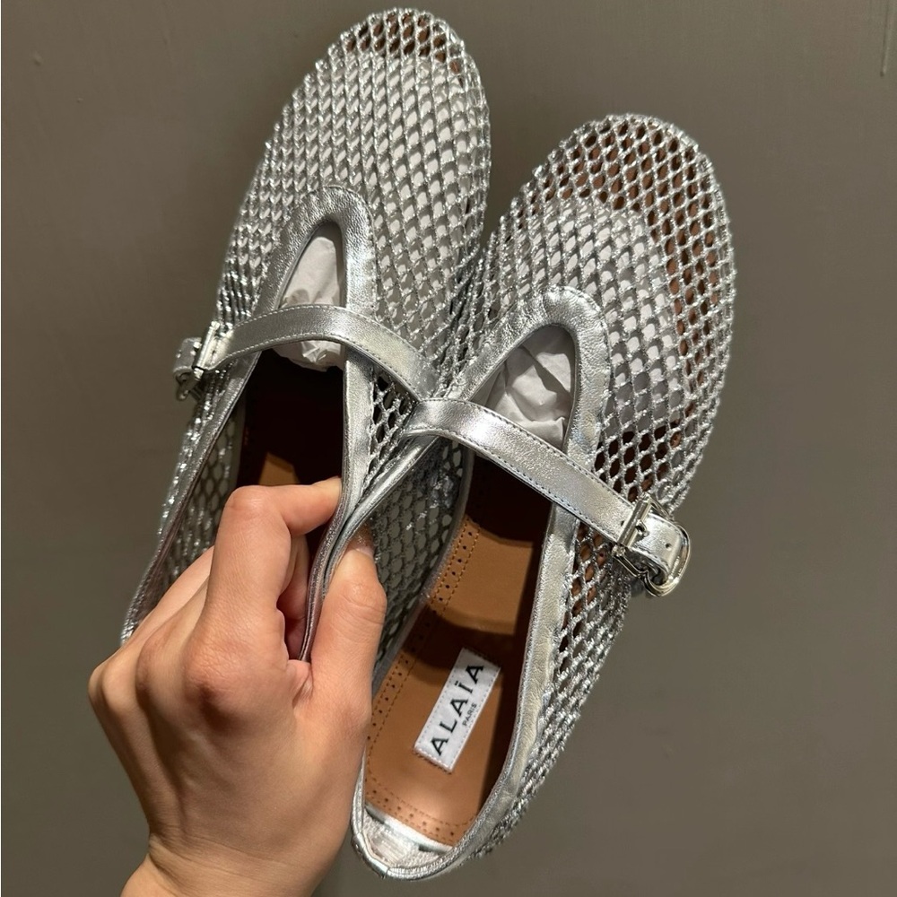 Alaia Metallic Silver Mesh Mary Jane Flats with Buckle